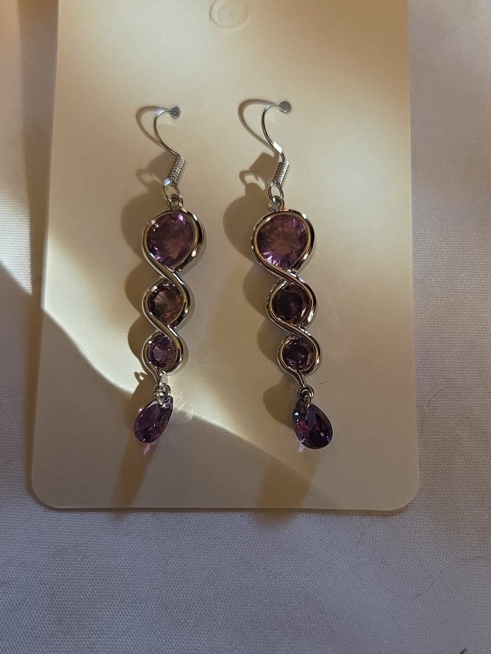 Sterling-Tone Purple Crystal Drop Earrings - Elegant Spiral Design